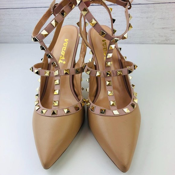 Vocosi Shoes - Vocosi Tan Gold Studded High Heels Size 9